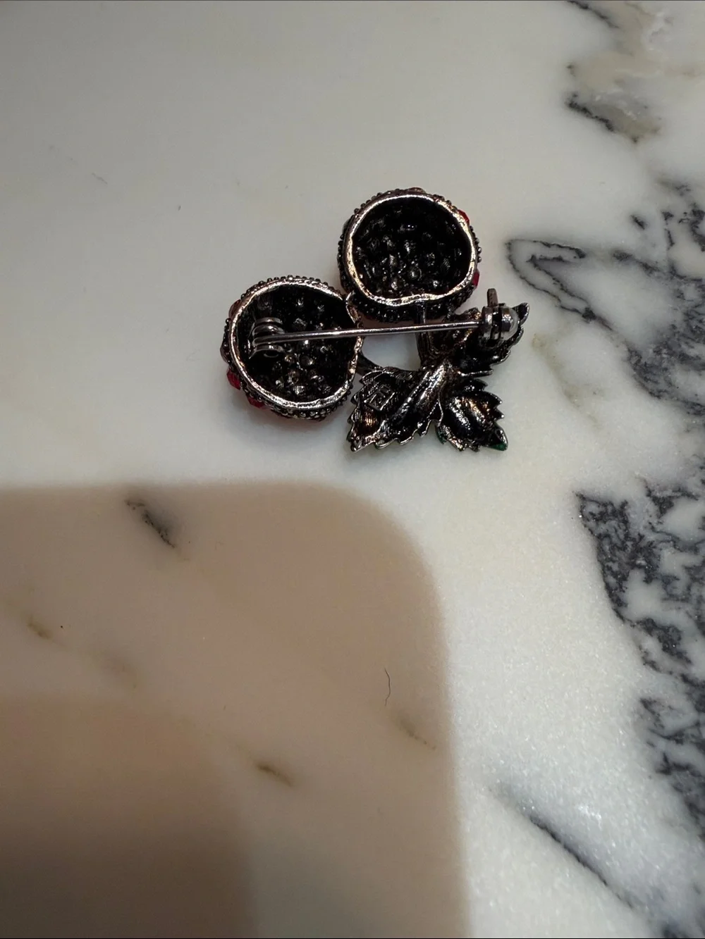Red Crystal Cherry Pin Brooch with Green Leaves